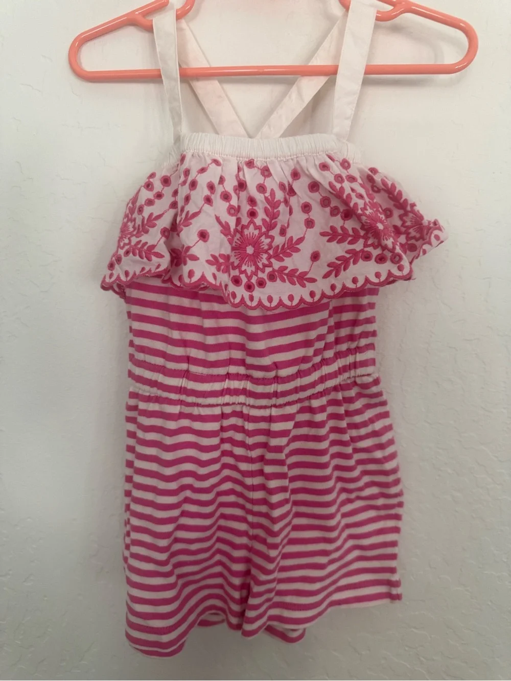 NWOT Hanna Andersson Pink and White Striped Embroidered Girls Romper
